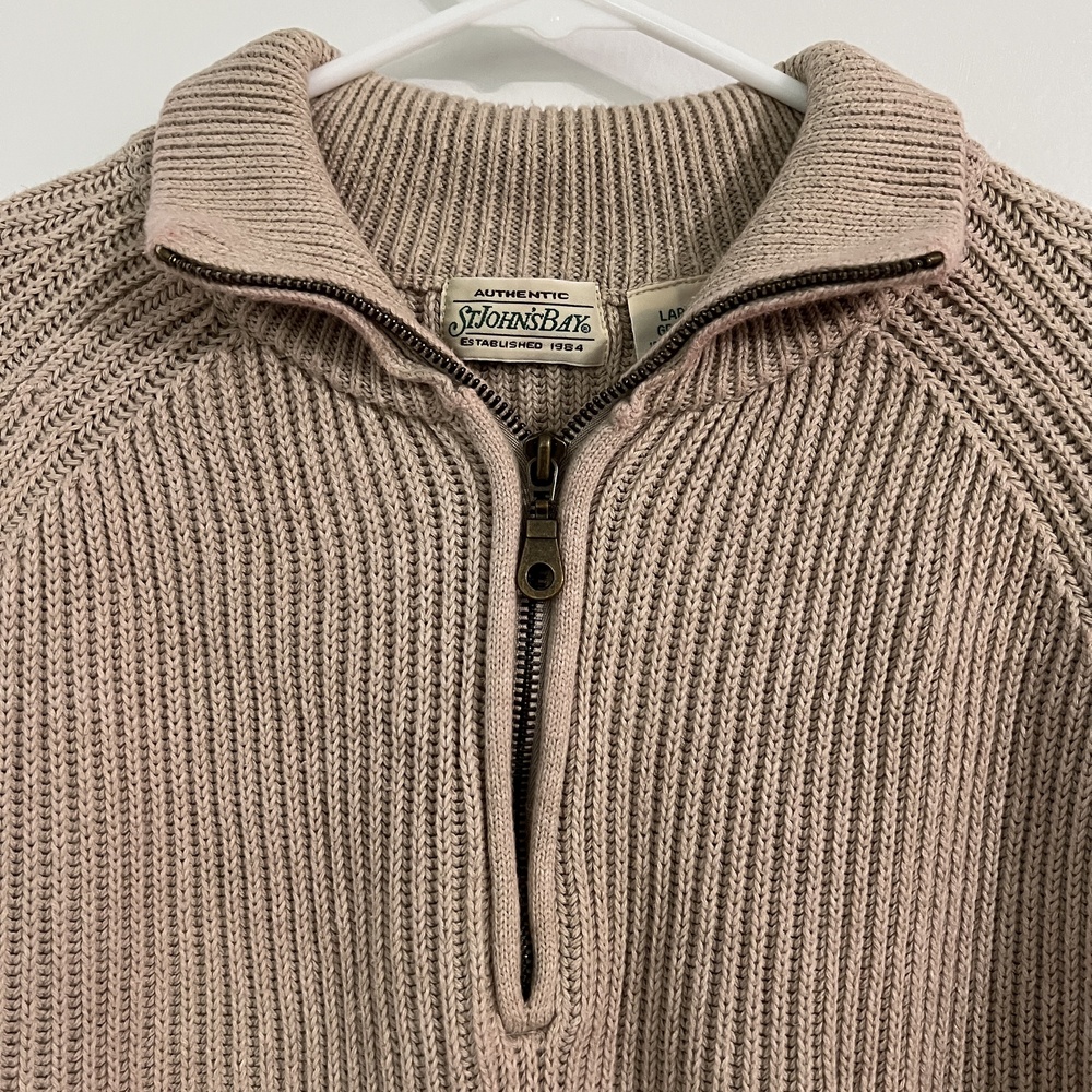 St. John's Bay Sweater Large Beige Ribbed Qtr-Zip Casual Raglan Classic Warm - Picture 2 of 9